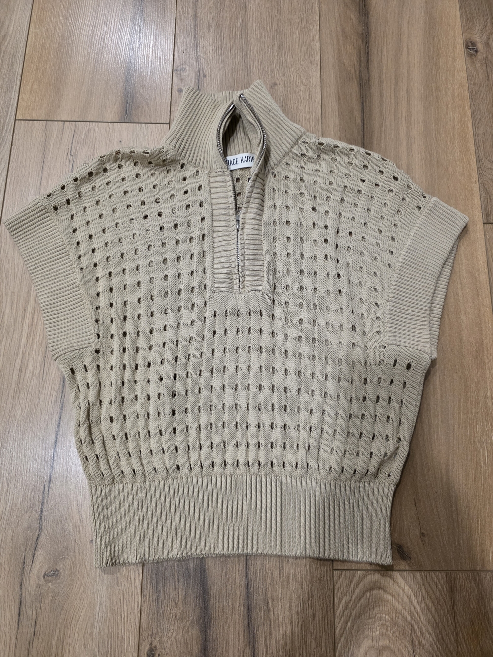 Grace Karin Beige Knit Short Sleeve Zip Mock Neck Sweater